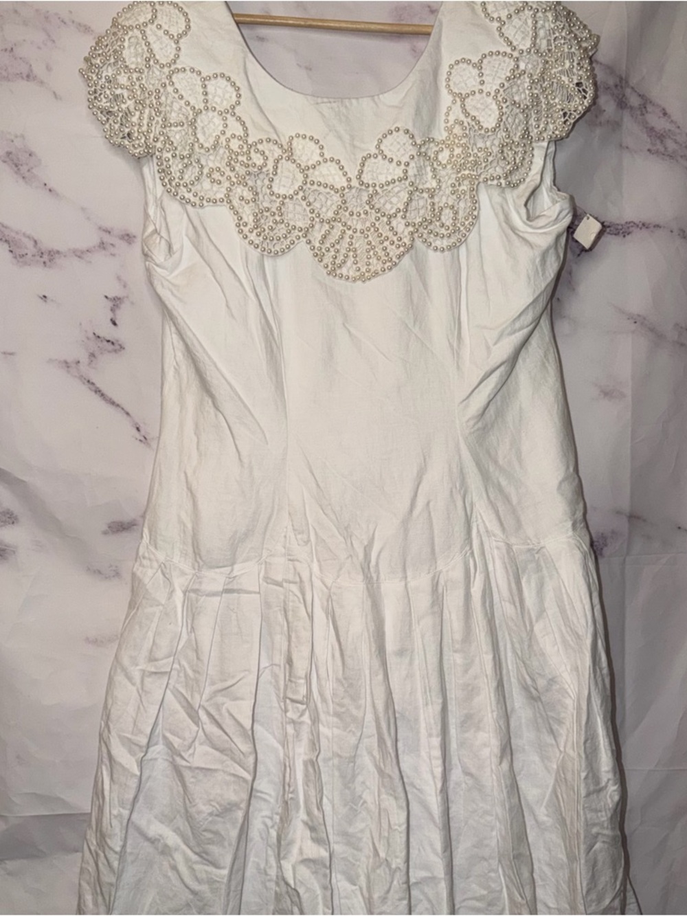 Vintage Sarah Elizabeth White Linen Blend Dress Pearl Collar